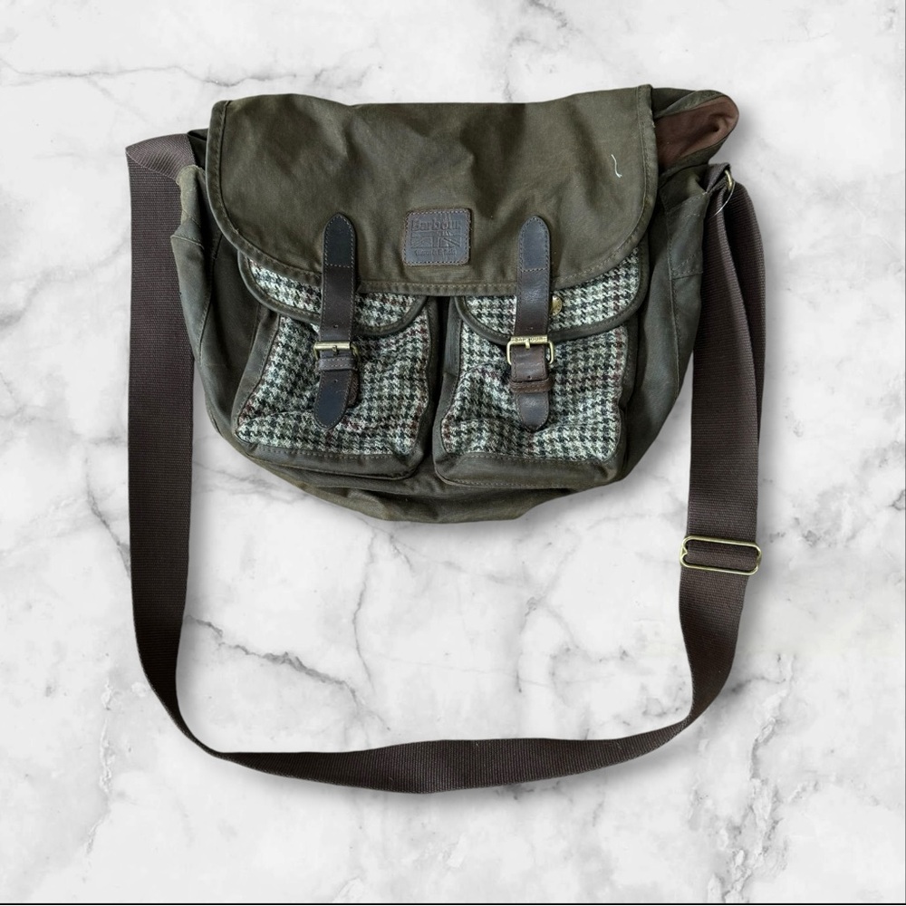 Barbour‎ of England AW15 Green Waxed Cotton Houndstooth Tweed Messenger Day Bag